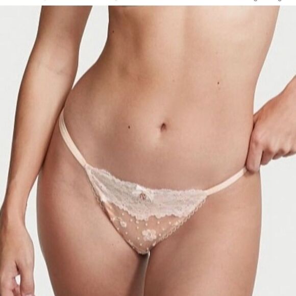 Victorias Secret Body Supersoft Lace and Embroidery String Thong Panty Champagne - Picture 7 of 9